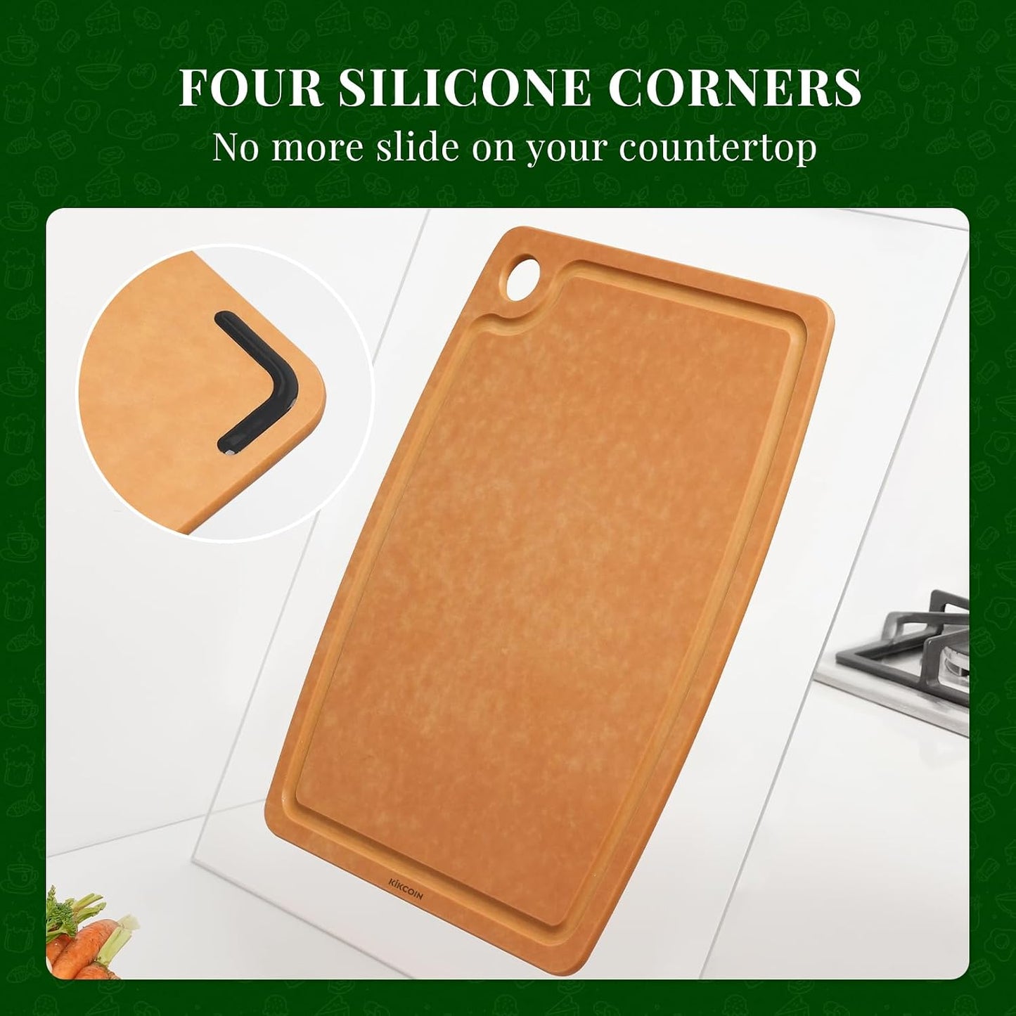 Kikcoin Wood Cutting Board, Cutting Boards for Kitchen Dishwasher Safe Non-slip Chopping Board with Juice Groove, Wood Fiber Composite Cutting Board with Hanging Hole, 14.6"*10.8"