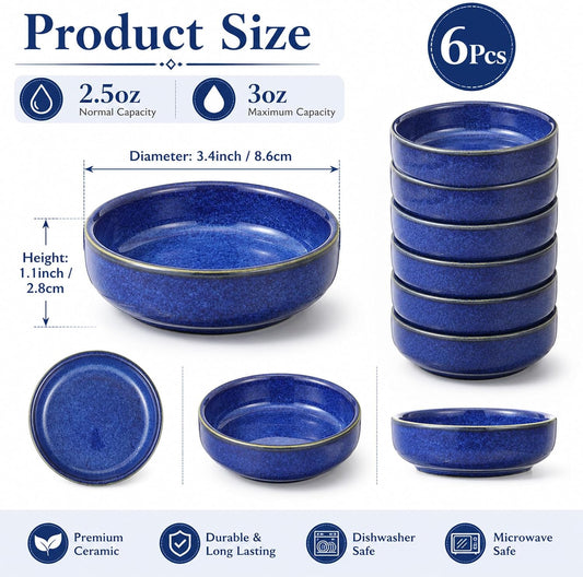 6Pcs 3.4" Ceramic Soy Sauce Dish 2.5oz Reactive Glaze Dipping Bowl