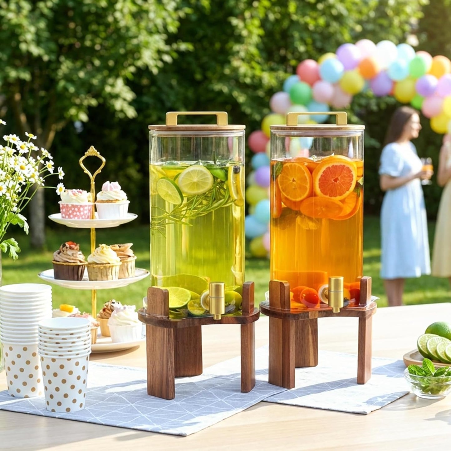 2 PCS 1.5 Gallon Glass Drink Dispenser, Beverage Dispenser With Wood Stand, Lid and Stainless Steel Spigot, Large Water Dispenser for Parties, Perfect for Lemonade, Juice, Tea and Daily Drinks