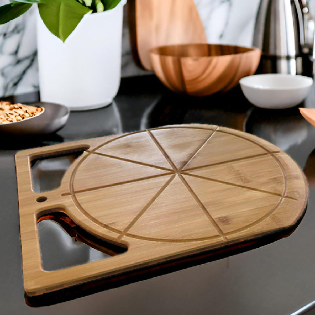 Pizza Cutting Board & Pizza Cutter, 14" Pizza Board | Gift Pizza Set, Best Pizza Cutter Rocker Blade, Bamboo Pizza Cutting Board, Pizza Slicer, Pizza Serving Board,Pizza Rocker Knife For Cutting Pizza