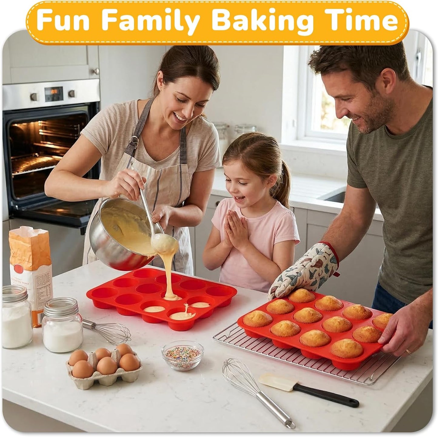 2 Pack Silicone Cupcake Pan for Baking, Nonstick Silicone Muffin Pans, 12 Cups Regular Size Cupcake Pan, Durable and Flexible, Quick-Release, Easy to Clean, Ideal for Home Baking and Party, Red