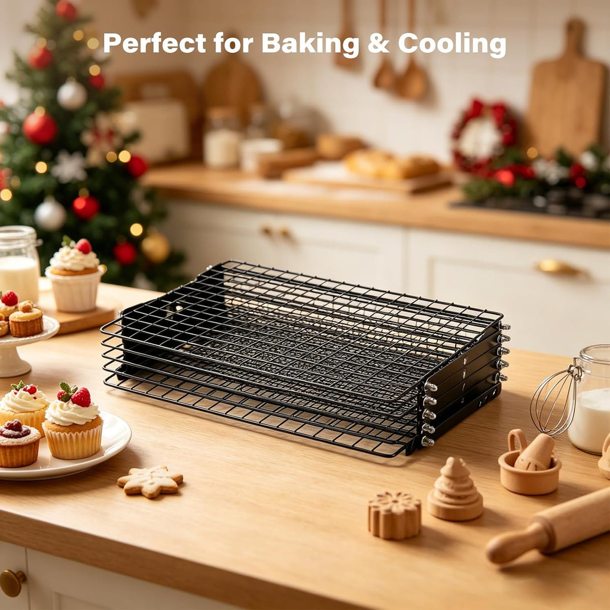 6 Tier Upgraded Collapsible Cooling Rack with Adjustable 3 Setting Design, Stackable Baking Rack with Clean Brush, Roasting Cooking Drying Wire Cooling Rack for Cookies Baking Roasting ＆ Grilling