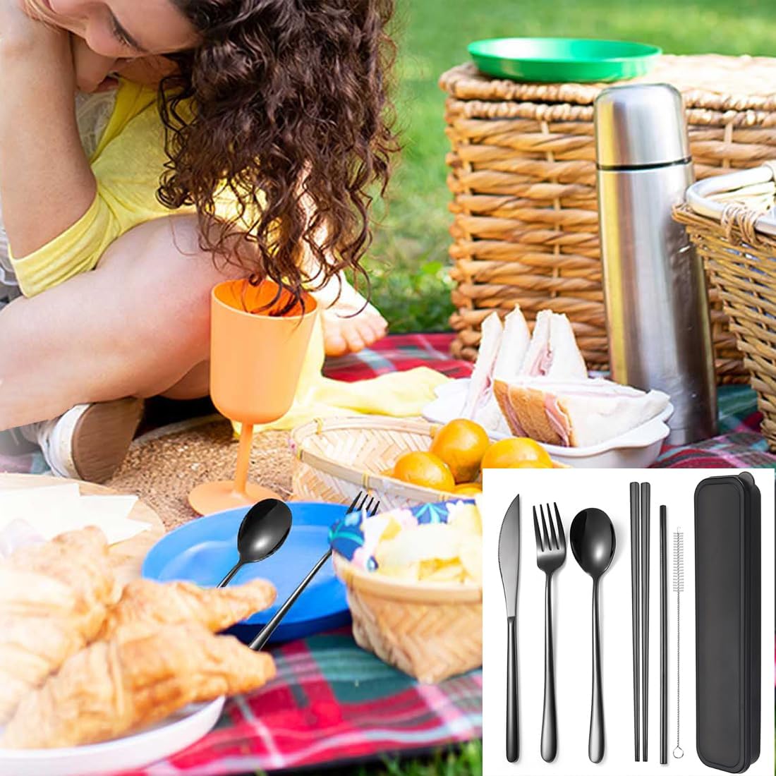 AARAINBOW 6 Pieces 18/8 Stainless Steel Flatware Set Portable Reusable Cutlery Set Travel Utensils Set Including Chopsticks Knife Fork Spoon Straws Cleaning Brush Dishwasher Safe (Green golden)