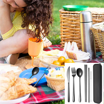 AARAINBOW 6 Pieces 18/8 Stainless Steel Flatware Set Portable Reusable Cutlery Set Travel Utensils Set Including Chopsticks Knife Fork Spoon Straws Cleaning Brush Dishwasher Safe (Green golden)