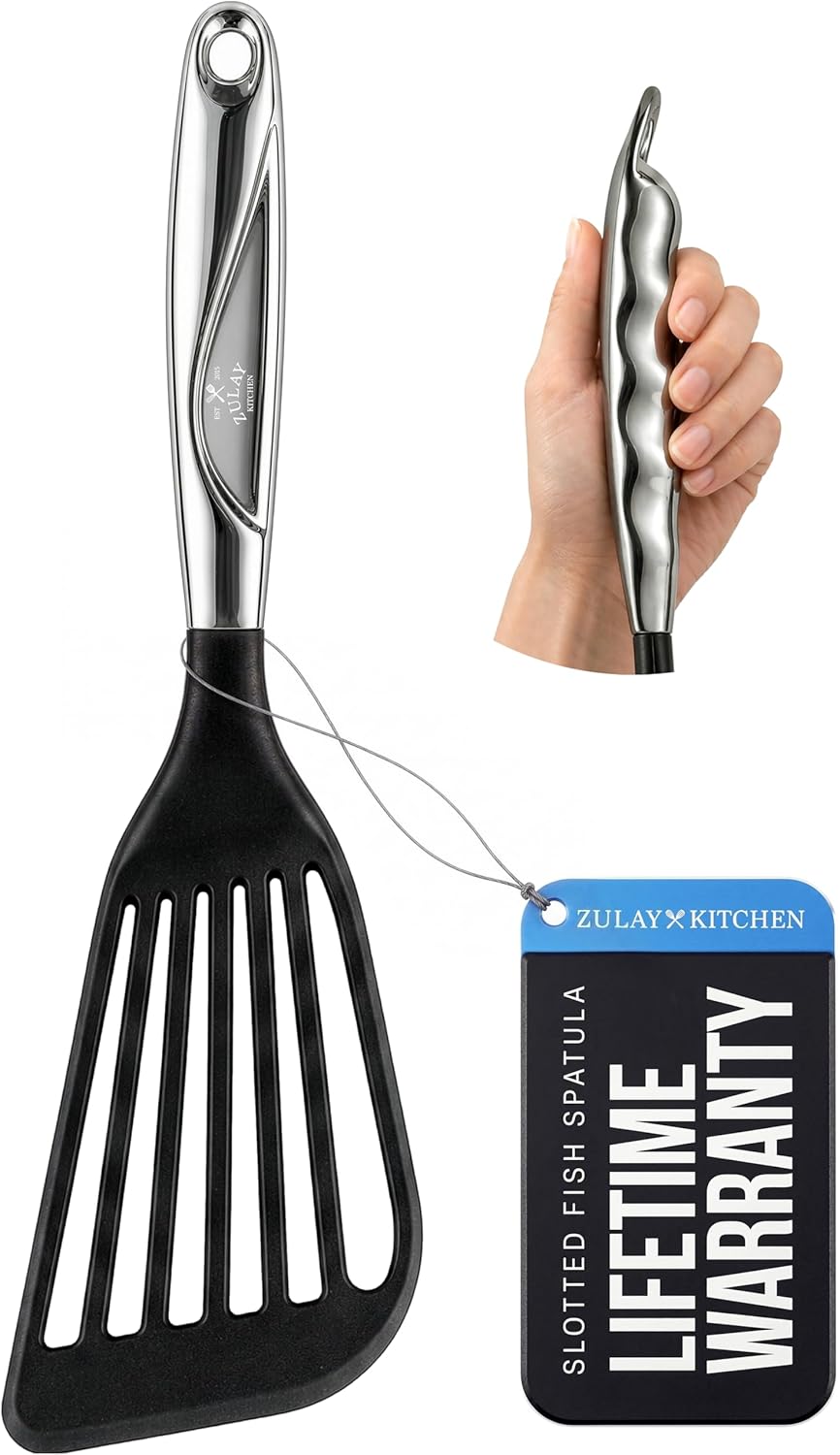 Zulay Kitchen Stainless Steel Fish Turner Spatula - 12.4” Flexible Heat-Resistant Slotted Turner for Non-Stick Cookware - Rust-Proof, Durable & Dishwasher Safe Cooking Utensil for Everyday Use