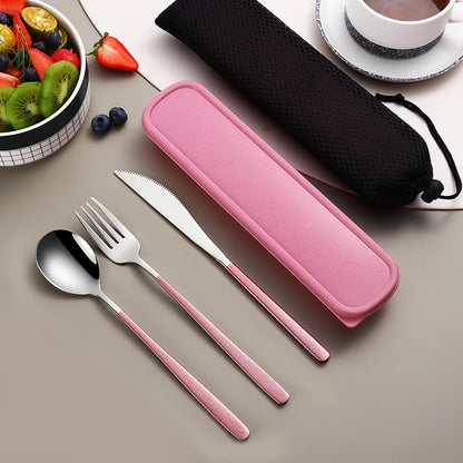 VANRA 4-Piece Portable Travel Utensils Set with Case 18/8 Stainless Steel Flatware Set Reusable Cutlery Set with Fork Spoon Knife Chopstick for Lunch Travel Camping School Work Picnic (Pink)