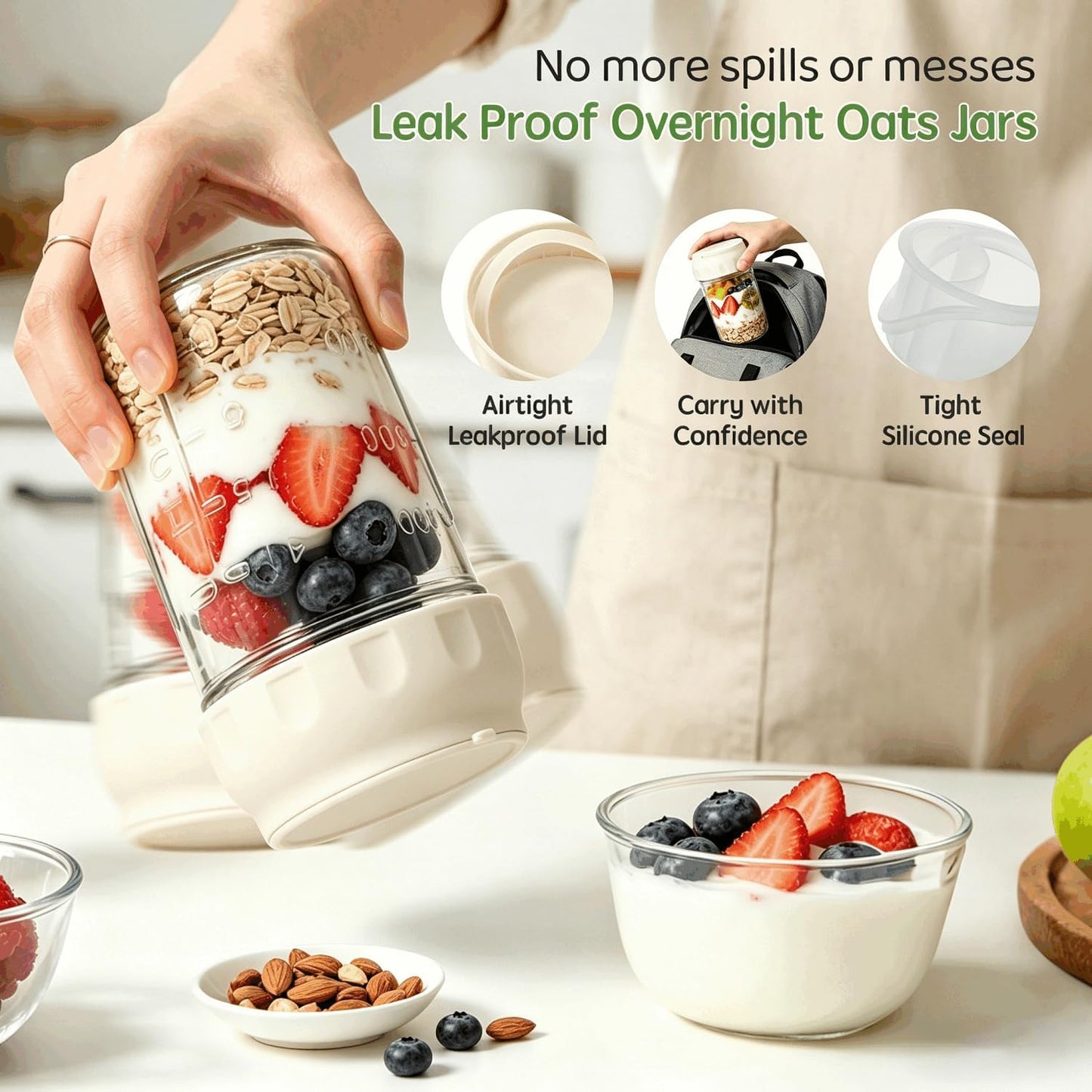 Overnight Oats Containers with Lids and Spoons - 4 Pack 16 oz Glass Mason Jars with Separate Compartments Airtight Overnight Oat Jars Leakproof Yogurt Parfait Cup for Oatmeal Chia Pudding Cereal Salad