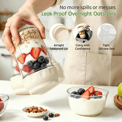 Overnight Oats Containers with Lids and Spoons - 4 Pack 16 oz Glass Mason Jars with Separate Compartments Airtight Overnight Oat Jars Leakproof Yogurt Parfait Cup for Oatmeal Chia Pudding Cereal Salad