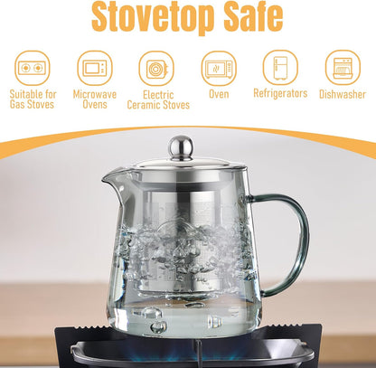 PARACITY Glass Teapot Stovetop 18.6 OZ, Borosilicate Clear Tea Kettle with Removable 18/8 Stainless Steel Infuser, Teapot Blooming and Loose Leaf Tea Maker Tea Brewer for Camping, Travel (550ML)