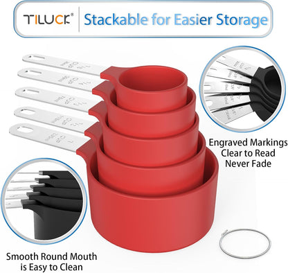 TILUCK Measuring Cups & Spoons Set, Stackable Cups and Spoons, Nesting Measure Cups with Stainless Steel Handle, Kitchen Gadgets for Cooking & Baking (Black)