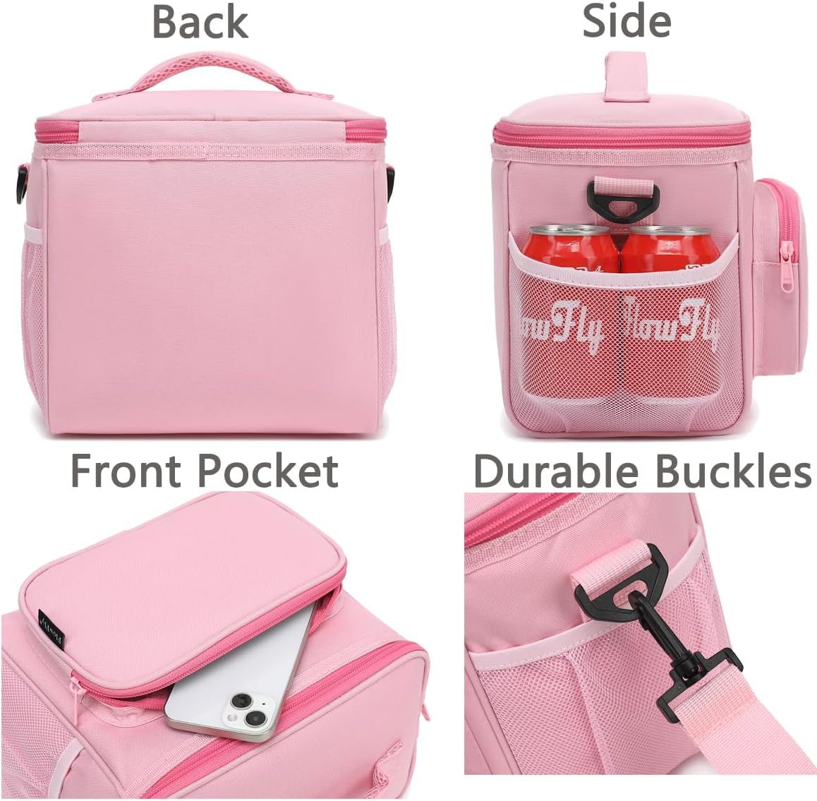 FlowFly Insulated Reusable Lunch Bag Adult Large Lunch Box for Women and Men with Adjustable Shoulder Strap,Front Zipper Pocket and Dual Large Mesh Side Pockets,Cherry - Colors A