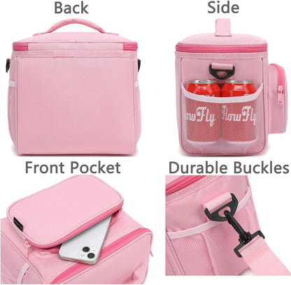 FlowFly Insulated Reusable Lunch Bag Adult Large Lunch Box for Women and Men with Adjustable Shoulder Strap,Front Zipper Pocket and Dual Large Mesh Side Pockets,Cherry - Colors A