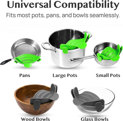 Kitchen Gizmo Snap N' Strain - Silicone Pasta Strainer Clip-On for Pots and Pans - Heat Resistant Colander for Vegetables and Noodles - Kitchen Gadgets for Cooking - Space-Saving Design - Gray