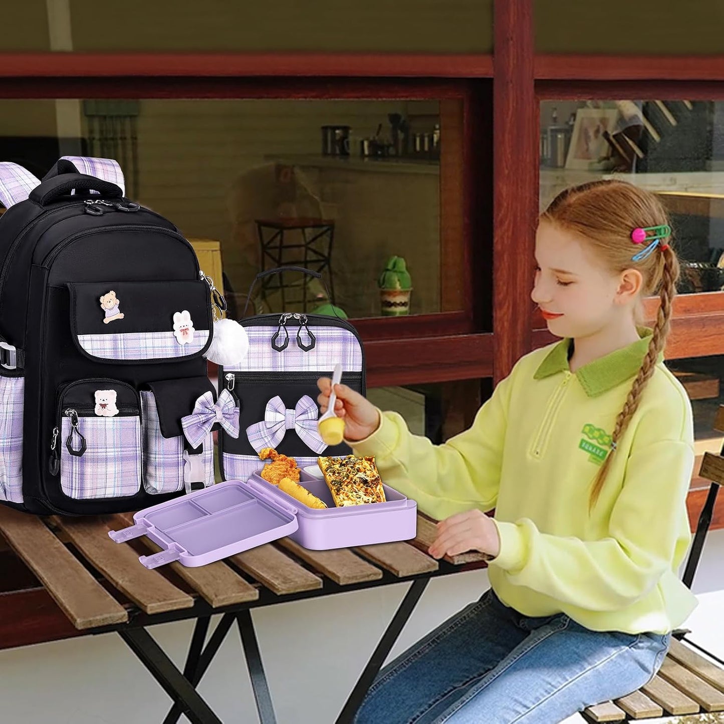 ACESAK Backpack for Girls - Bento Box with Insulated Lunch Bag Pencil Case & Utensils Set for Kids, 4 Leakproof Compartments Removable Tray Lunches or Snack Container for School (Black Purple)