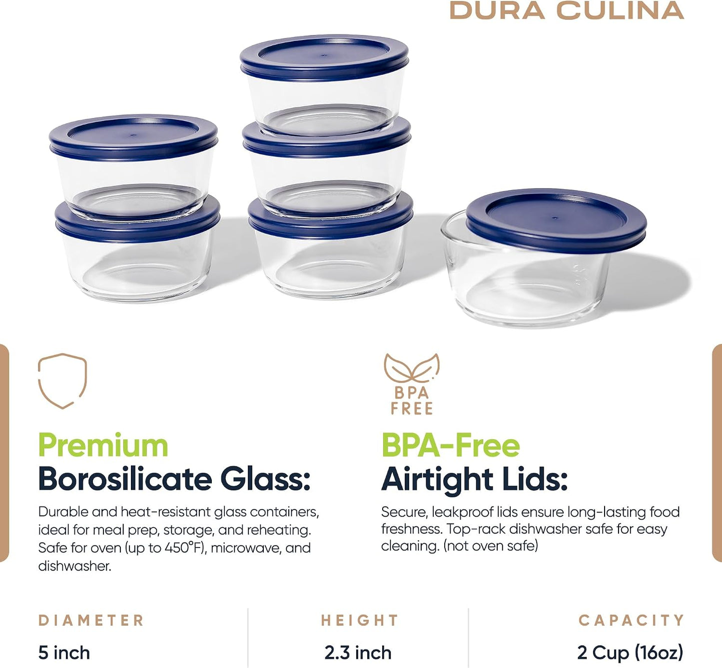 6-Piece Glass Food Storage Containers Set (3 Containers + 3 BPA-Free Lids) | 2-Cup, Leakproof | Microwave, Freezer, Oven & Dishwasher Safe | Ideal for Meal Prep & Pantry Organization, Pistachio