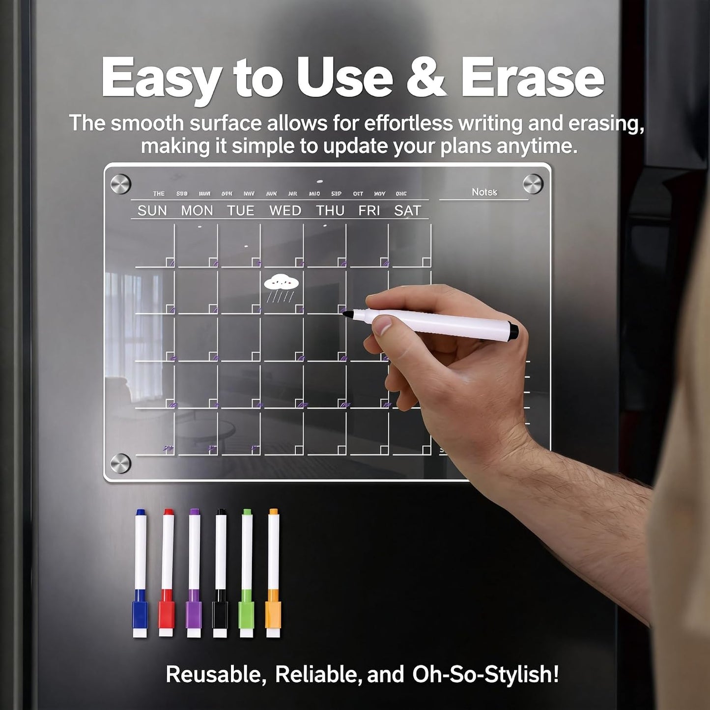 Magnetic Fridge Calendar, 16.5"x11.7" Large Acrylic Dry Erase Board with Markers, for Family Meal Planning & Kitchen Organization
