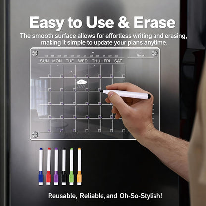 Magnetic Fridge Calendar, 16.5"x11.7" Large Acrylic Dry Erase Board with Markers, for Family Meal Planning & Kitchen Organization