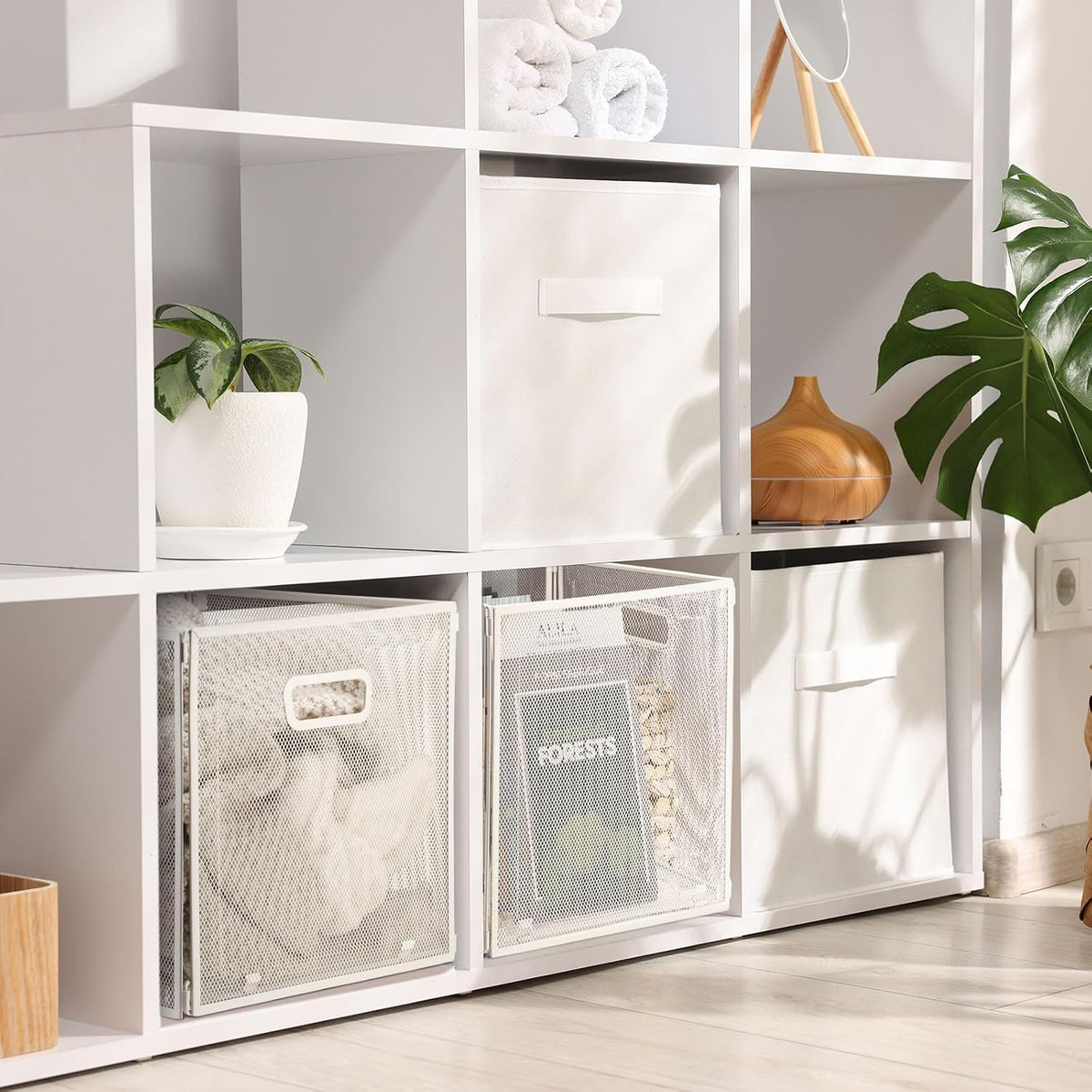 Funnymoom 2 Pcs Foldable Metal Wire Basket 13 x 13 Inch Black Cube Storage Bins Stackable Wire Laundry Baskets Organizer with Handle for Shelves Pantry Cabinet File Graduation Gift