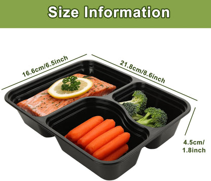 YOUNTHYE 50PCS Disposable Meal Prep Containers 3 Compartment Food Prep Containers with Lids 30oz Plastic Bento Box Lunch Containers Stackable Meal Prep Containers Bulk for Microwave, Freezer Safe