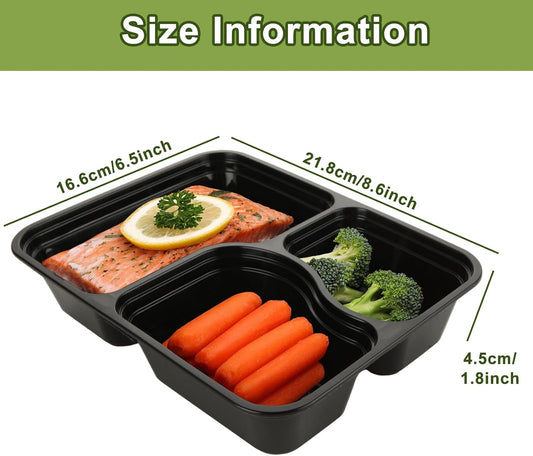 YOUNTHYE 50PCS Disposable Meal Prep Containers 3 Compartment Food Prep Containers with Lids 30oz Plastic Bento Box Lunch Containers Stackable Meal Prep Containers Bulk for Microwave, Freezer Safe