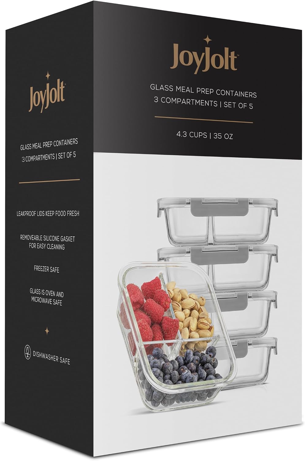 JoyJolt Divided 3 Compartment Glass Meal Prep Bento Box Set. 5 Pack Airtight Food Storage Containers with Lids for Portion Control and Weight Loss