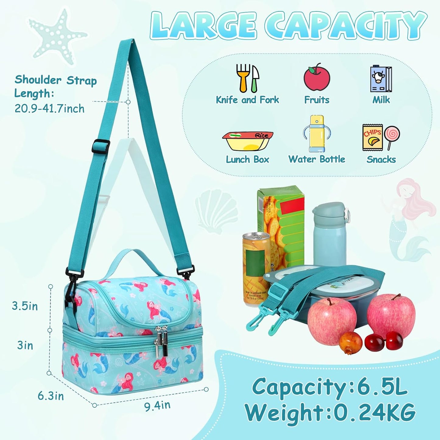 Lunch Bag for Girls,ChaseChic Insulated Lightweight Lunch Boxes for Kids Boys Dual Compartment Lunch Organizer Leak-Proof Cooler Bag with Detachable Adjustable Shoulder Strap,Purple Butterflies