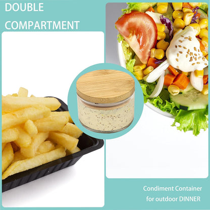 3.4 oz Double Compartment Condiment Container with Bamboo Lids, Leakproof Reusable Salad Dressing Container to Go 3 Pack Dip Sauce Cups for Lunch Box, Picnics,Travel Meal Prep, Kitchen Storage