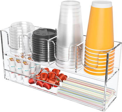 Beego 2-Compartment Cup Holder for Countertop - 2-Tier Clear Acrylic Cup Dispenser Coffee Station Paper Cup and Lid Organizer Condiment Storage for Restaurant Breakroom Kitchen Bar Accessories