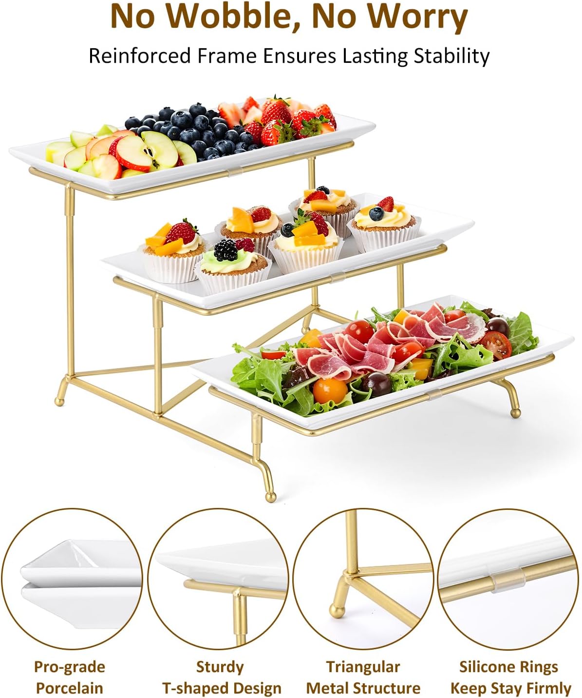 Yedio 3 Tier Serving Trays for Party, Porcelain Serving Platters and Trays, 12 Inch Tiered Tray Stand, Fruit Tray, Trays for Serving Food, White Dessert Stand with Collapsible Sturdier Metal Rack