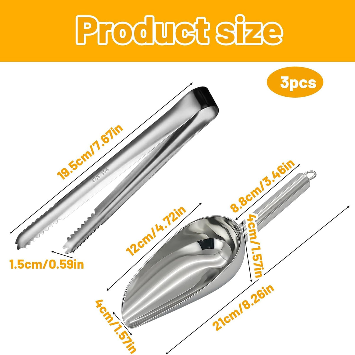 Ice Tongs for Ice Bucket and Ice Cube Scoop Set, 2-Piece Stainless Steel Ice Bucket Accessories for Freezer and Party Serving, Compact Storage with Metal Hanging Ring for Wall Mount or Bar Tools