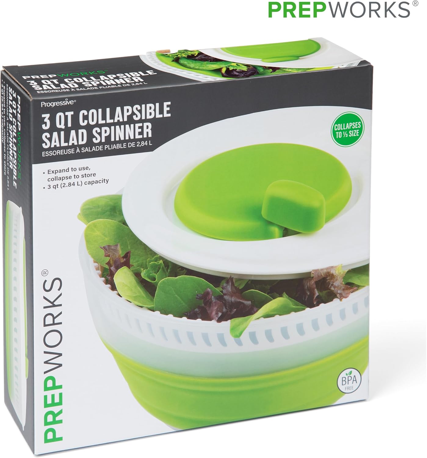 PrepWorks 4 Qt Collapsible Salad Spinner – Space-Saving, BPA-Free, Easy-to-Use for Quick Salad Washing & Drying, Dishwasher Safe