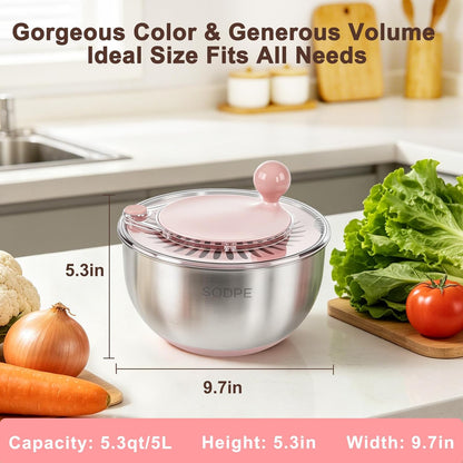 Stainless Steel Salad Spinner Large with 5 Blades Slicer, Lettuce Washer Spinner and Dryer, Vegetable Fruits Chopper Bowl, Egg Yolk Strainer Comes with Dipping Saucers and Clip, 5.3Qt