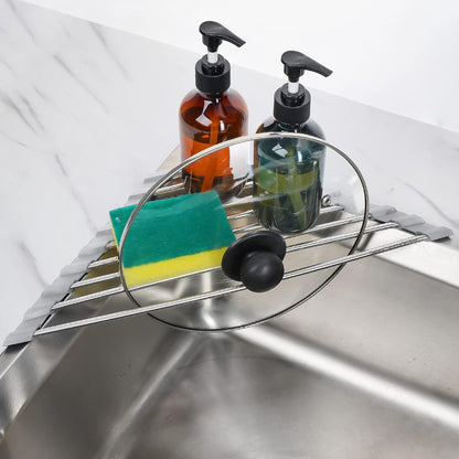 Tomorotec Foldable Stainless Steel Triangle Roll-Up Dish Drying Rack for Small Sink Corners - Over-The-Sink Multipurpose Kitchen Drainer, Rustproof Organizer, Trivet and Shelf - Space-Saving (Black)