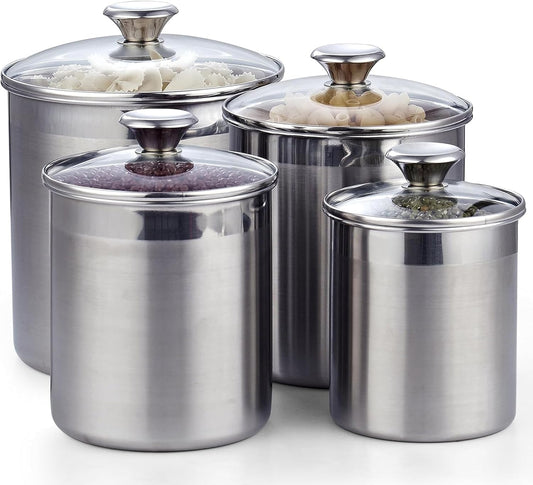 Cooks Standard Classic Stainless Steel Food Jar Storage Canister Set Medium, Airtight Containers with Glass Lid for Tea Coffee Sugar Flour Pantry Kitchen Counter, 4-Piece