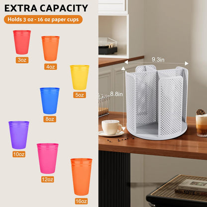 Rotating Paper Cup Dispenser with 4 Compartments, Disposable Coffee Cup Storage & Lid Holder for Countertops, Kitchen, Coffee Stations (White)