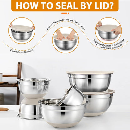CHAREADA Mixing Bowls with Airtight Lids, 18pcs Stainless Steel Nesting Mixing Bowls Set Non-slip Silicone Bottom, Size 4.5, 3.6, 2.7, 2.1, 1.7, 1.1, 0.7 qt, Fit for Mixing & Serving(Colorful)