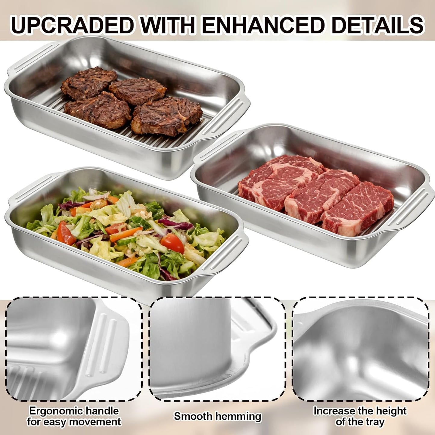 3 Pack Grilling Prep and Serve Trays Stainless Steel Grill Tray with Lid Grill Carry System for Large Capacity Food Prep Marinating Serving BBQ and Cooking Grilling Accessories Gifts for Men