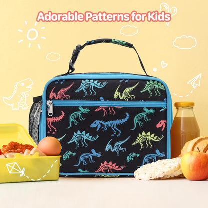 Kids Lunch Bag Boys - Insulated Kids Lunch Box Reusable Lunchbox with Water Bottle Holder Toddler Lunch Tote Bag for School Daycare, Black Dino Fossil