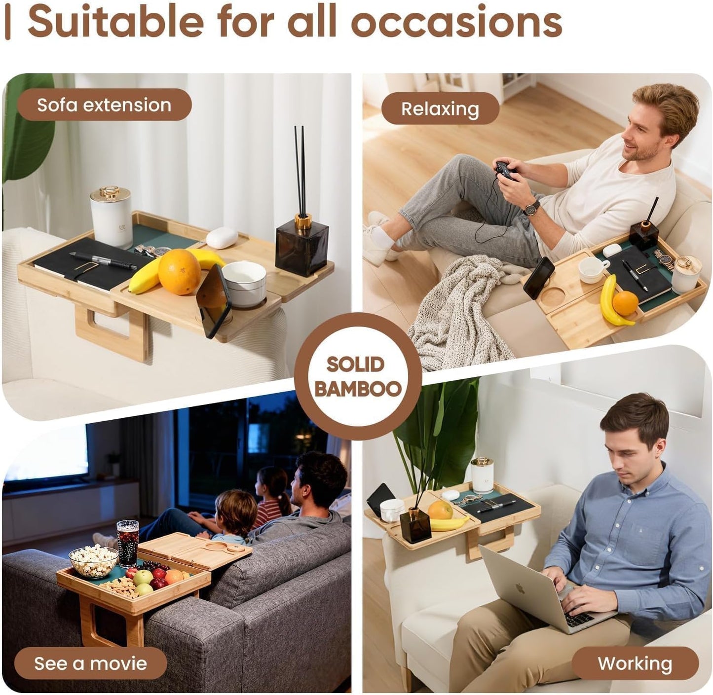 4 In 1 Bamboo Couch Arm Tray With Cup Holder, 360 Rotated Sofa Armrest Table for Couches, Armchair Caddy Organizer for Snacks & Drinks, Couch Arm Rest Table With Storage & Phone Holder for Living Room