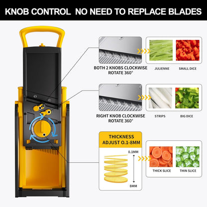 8 in 1 Mandoline Slicer for Kitchen, Vegetable Chopper, Potato Slicer, Fry Cutter Onion Chopper with Drain Basket Food Container with Lid, Stainless Steel Cheese Grater for Quick Meal Pre (Black)