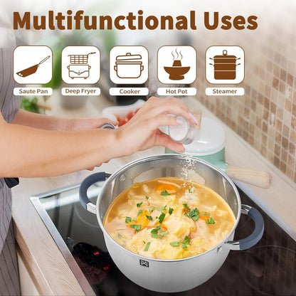 GOLDEN KEY 3.2 QT Steamer Pot With Lid - 2-Tier 18/8 Stainless Steel，Multipurpose Steaming Cookware with Vegetable Steam Basket, Oven & Dishwasher Safe, Triple Bottom for Even Heating, Perfect for Dumplings, Seafood and Vegetables