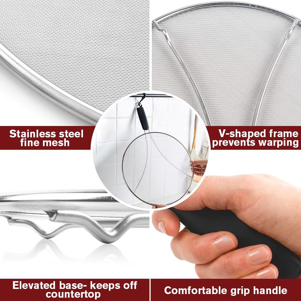 Splatter Screen for Frying Pan & Food Strainer,13 Inch Stainless Steel Grease Splatter Guard,Shield from Splashing Oil, Dishwasher Safe(Red)
