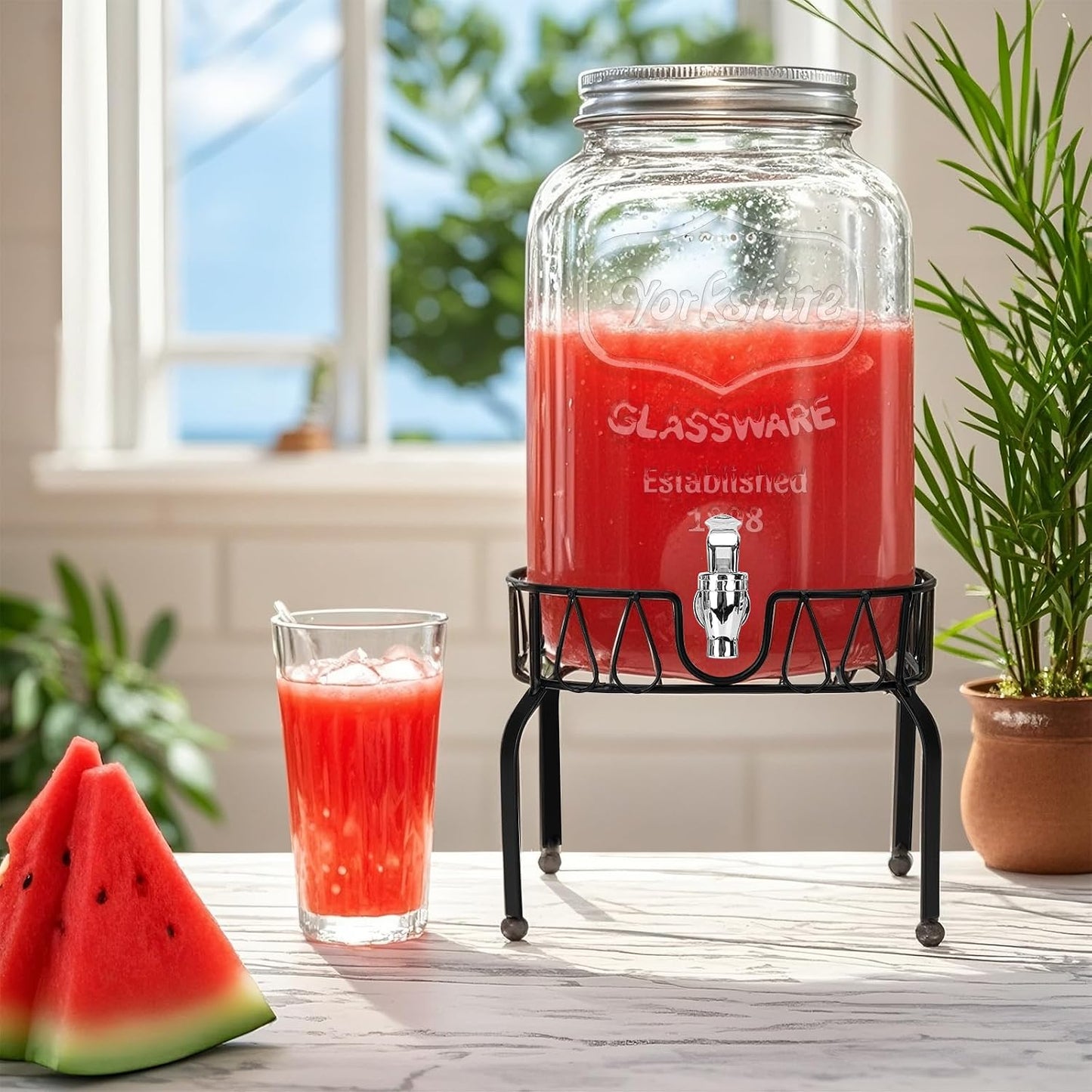 Glass Beverage Dispenser with Stand and Lid, One Pack-2 Gallon with Spigot - Glass Drink Dispensers for Parties, Wedding, Ideal for Juice, Beer, Ice Tea