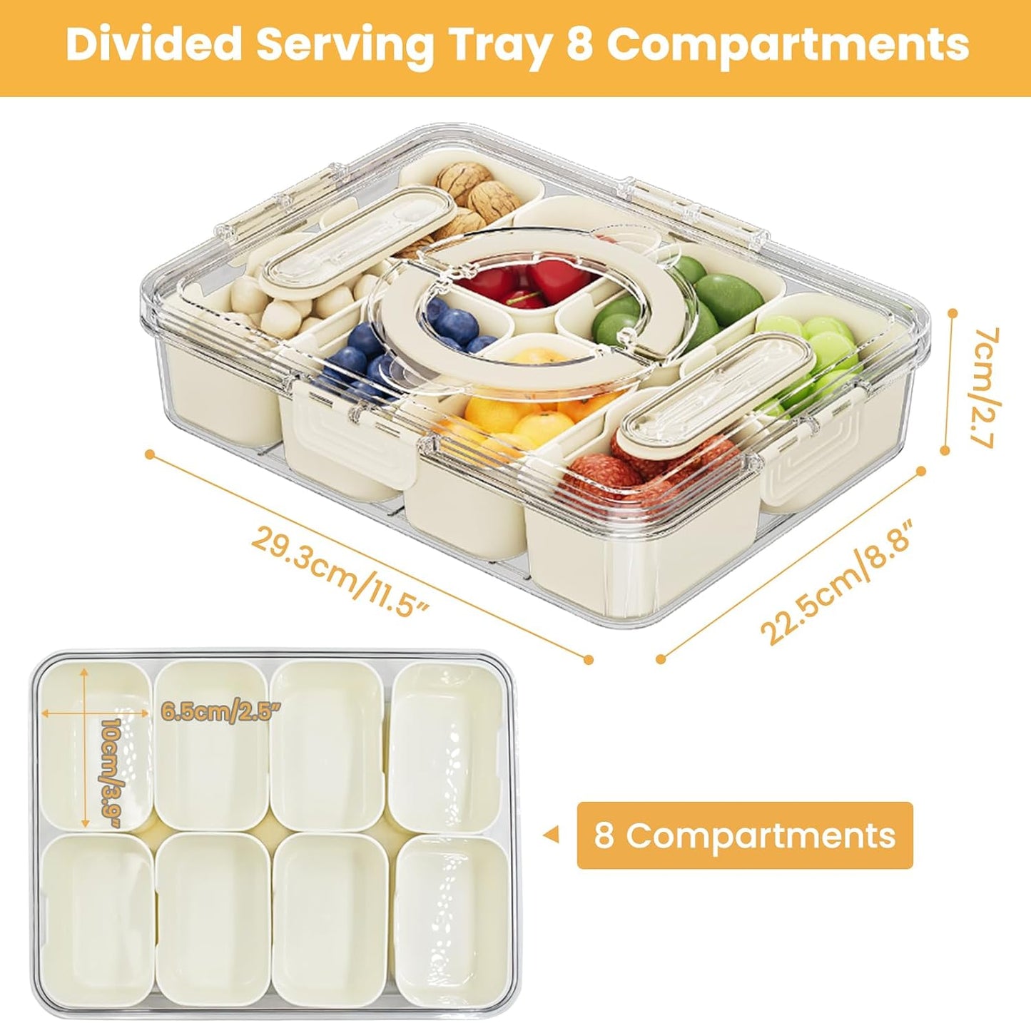 2 Pack Divided Serving Tray with lid and Handle, 8 & 4 Compartments Snackle Box with Utensils, Fridge Food Veggie Condiment Storage, Kitchen Clear Food Container for Picnic, Camping, School