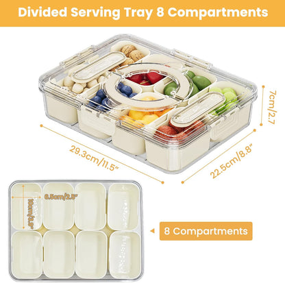 2 Pack Divided Serving Tray with lid and Handle, 8 & 4 Compartments Snackle Box with Utensils, Fridge Food Veggie Condiment Storage, Kitchen Clear Food Container for Picnic, Camping, School
