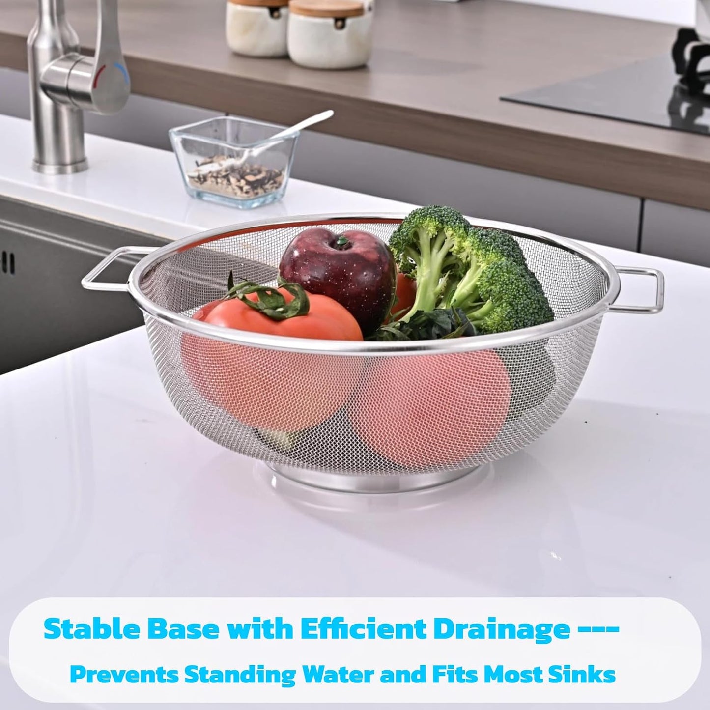 Over The Sink Colander, Stainless Steel Expandable Strainer Basket, Extendable Handles, Dishwasher Safe for Pasta Vegetables Fruits