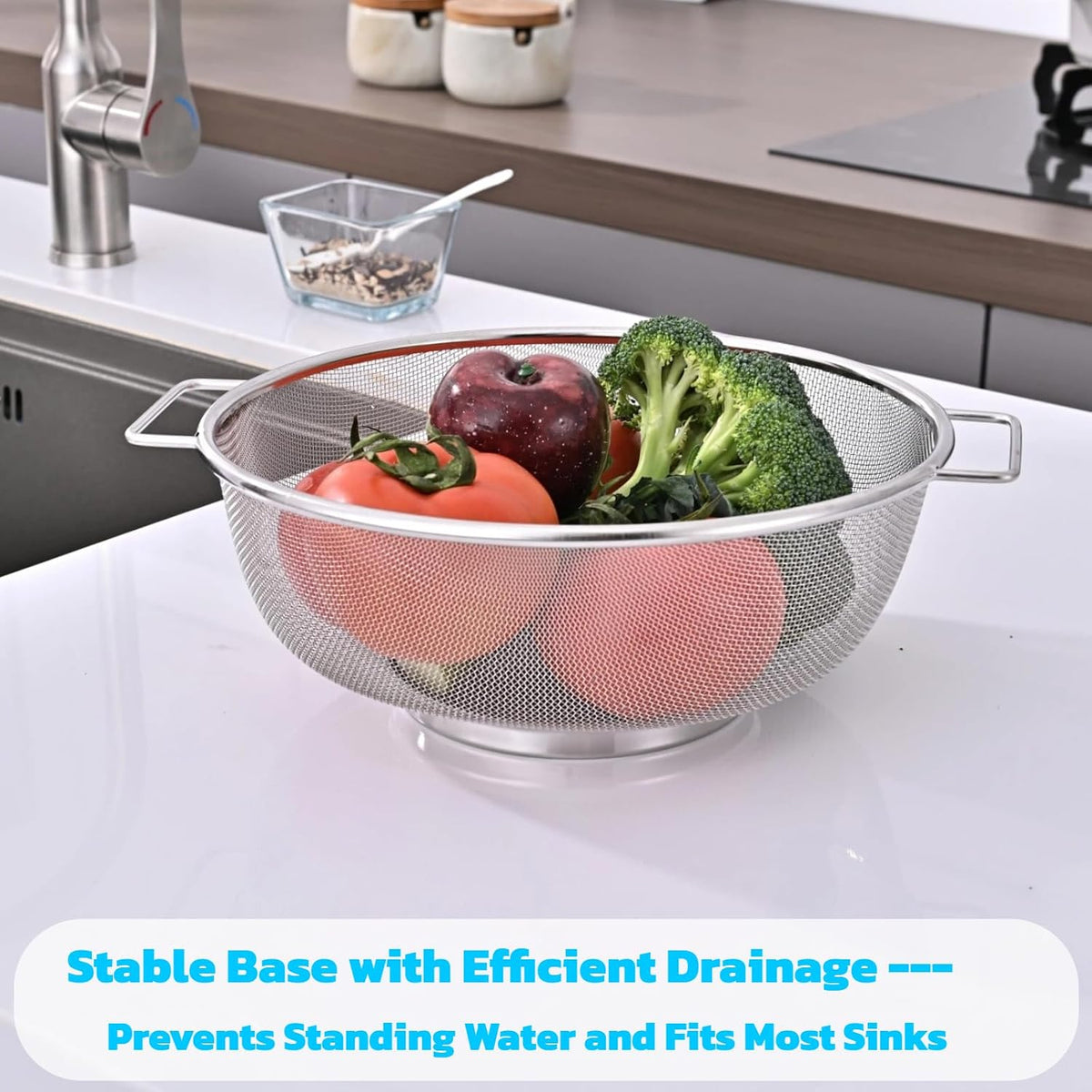 Over The Sink Colander, Stainless Steel Expandable Strainer Basket, Extendable Handles, Dishwasher Safe for Pasta Vegetables Fruits