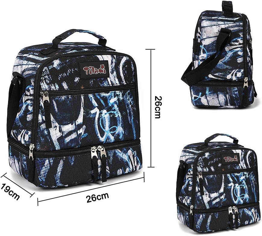 Tilami Lunch Bags Insulated Adjustable Strap Zipper, Two Compartments Cooler Bags, Bento Bags for Kids Toddlers (Blue)
