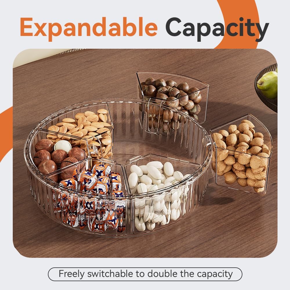 Koja Rotating Snackle Box Container with Lid - Portable Divided Serving Tray for Snacks, Nuts, Candy, Charcuterie, Veggies & Fruit - 360° Turntable Food Organizer (Beige, 7-Compartment)