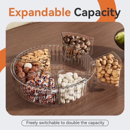 Koja Rotating Snackle Box Container with Lid - Portable Divided Serving Tray for Snacks, Nuts, Candy, Charcuterie, Veggies & Fruit - 360° Turntable Food Organizer (Beige, 7-Compartment)